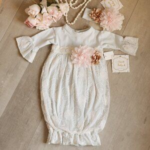 Blue with Ivory Lace Baby Gown Headband Set Haute Baby Newborn/3 Month Portrait